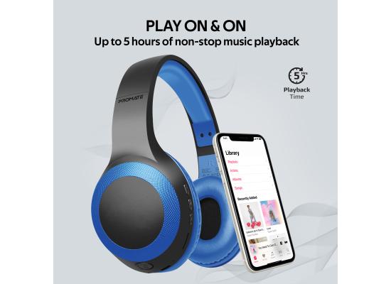 Promate LaBoca Headphone, Over-Ear Deep Bass Wireless Headphone with Long Paytime, Hi-Fi Sound, Blue Color